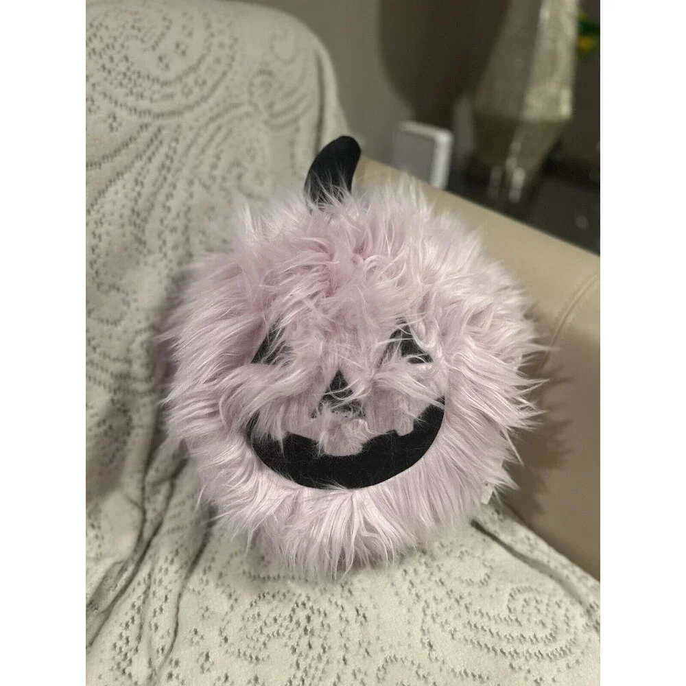 Cupcakes and Cashmere Halloween Pillow Fuzzy Pink Jack o Lantern 14 Inches NEW